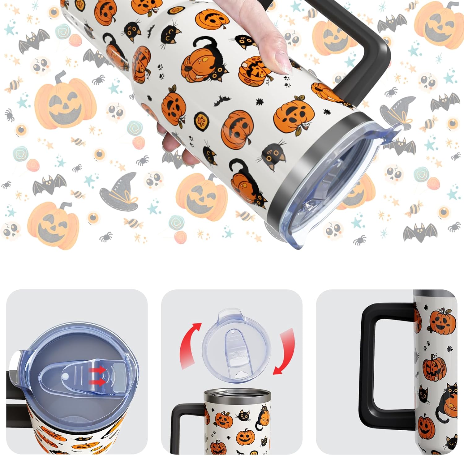 Happy Halloween Cup Gifts for Women Men, Black Cat 40oz Tumbler with Handle and Straw, Holiday Pumpkin Stainless Steel Insulated Water Bottle (1 PC) - Image 7