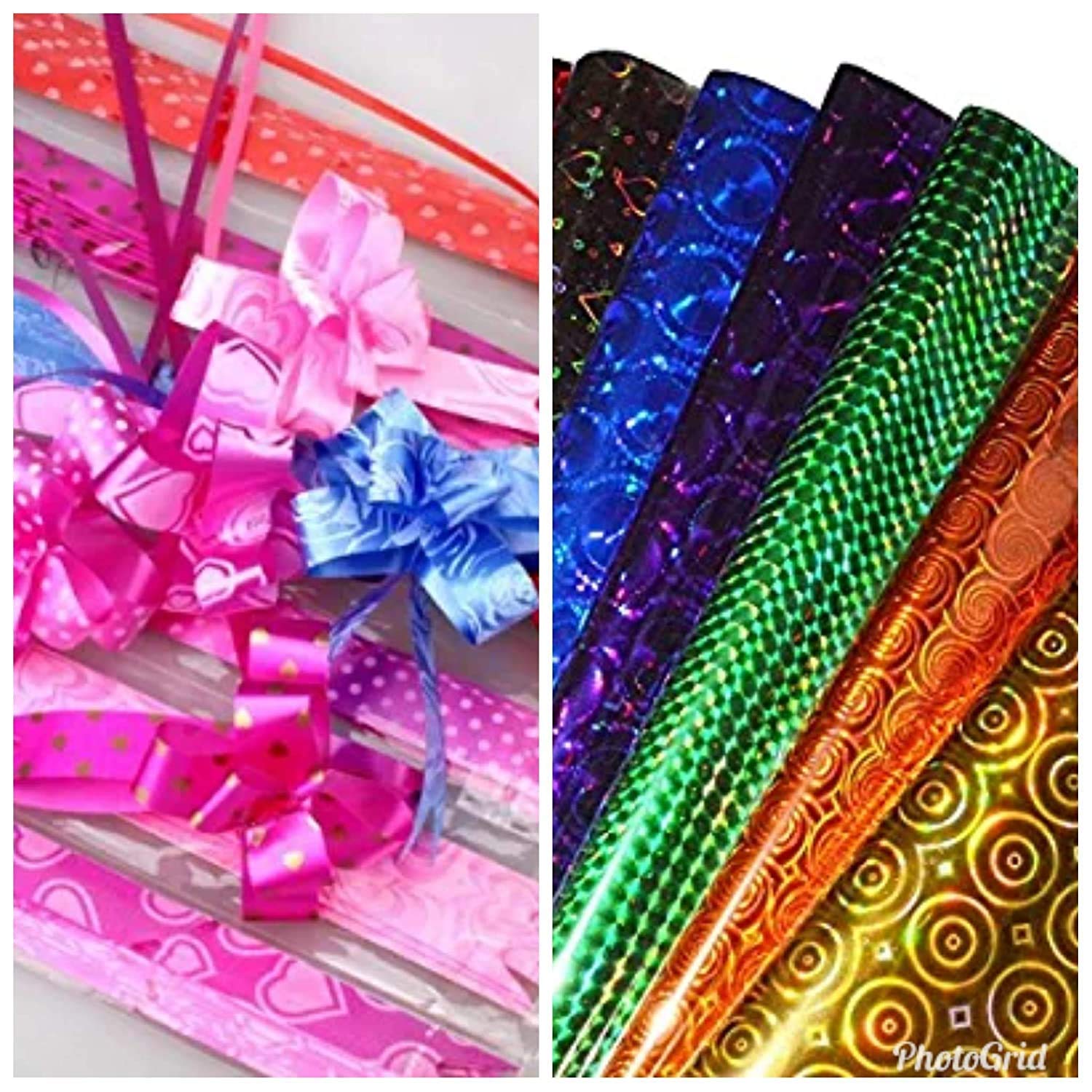 BVM GROUP Plastic Gift Wrappers, Wrapping Paper Coloured Holographic Print, Pack of 20, 64 X 45 cm with 20 Ribbon Flowers and 20 Best Wishes Stickers, Gift wrap Paper, Gift Wrapping Paper