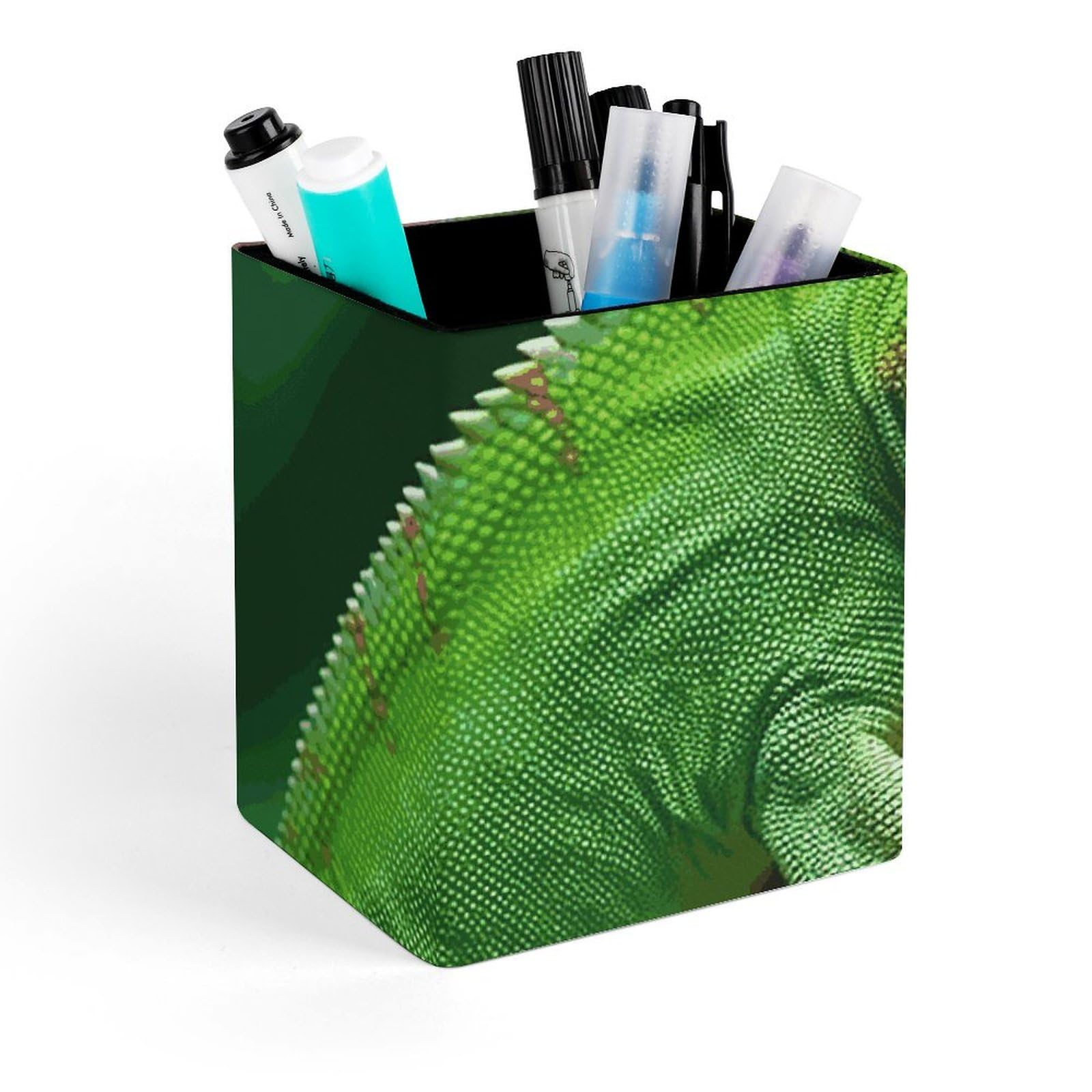 Porte-stylo carré en cuir vert lézard pour ranger un bureau encombré