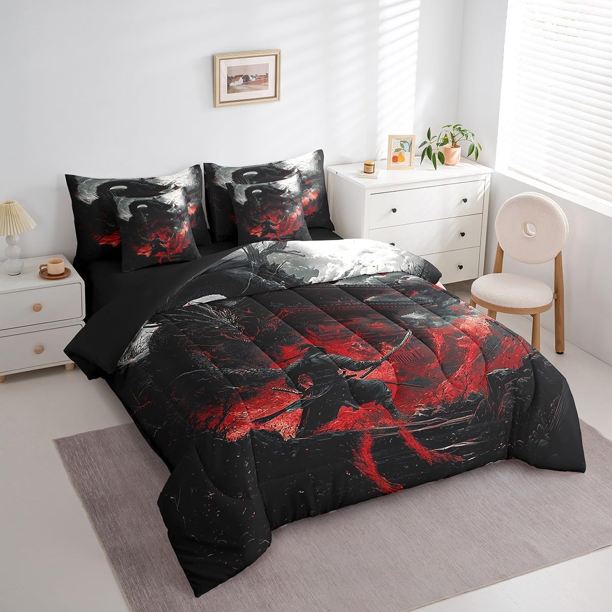 Feelyou Dragon Comforter Set with Sheets Queen Size Japanese Style Bed in a Bag for Boys Girls Teens Samurai 7 Pieces Bedding Set Dragon Decor Bed Set Room Decor Black Red