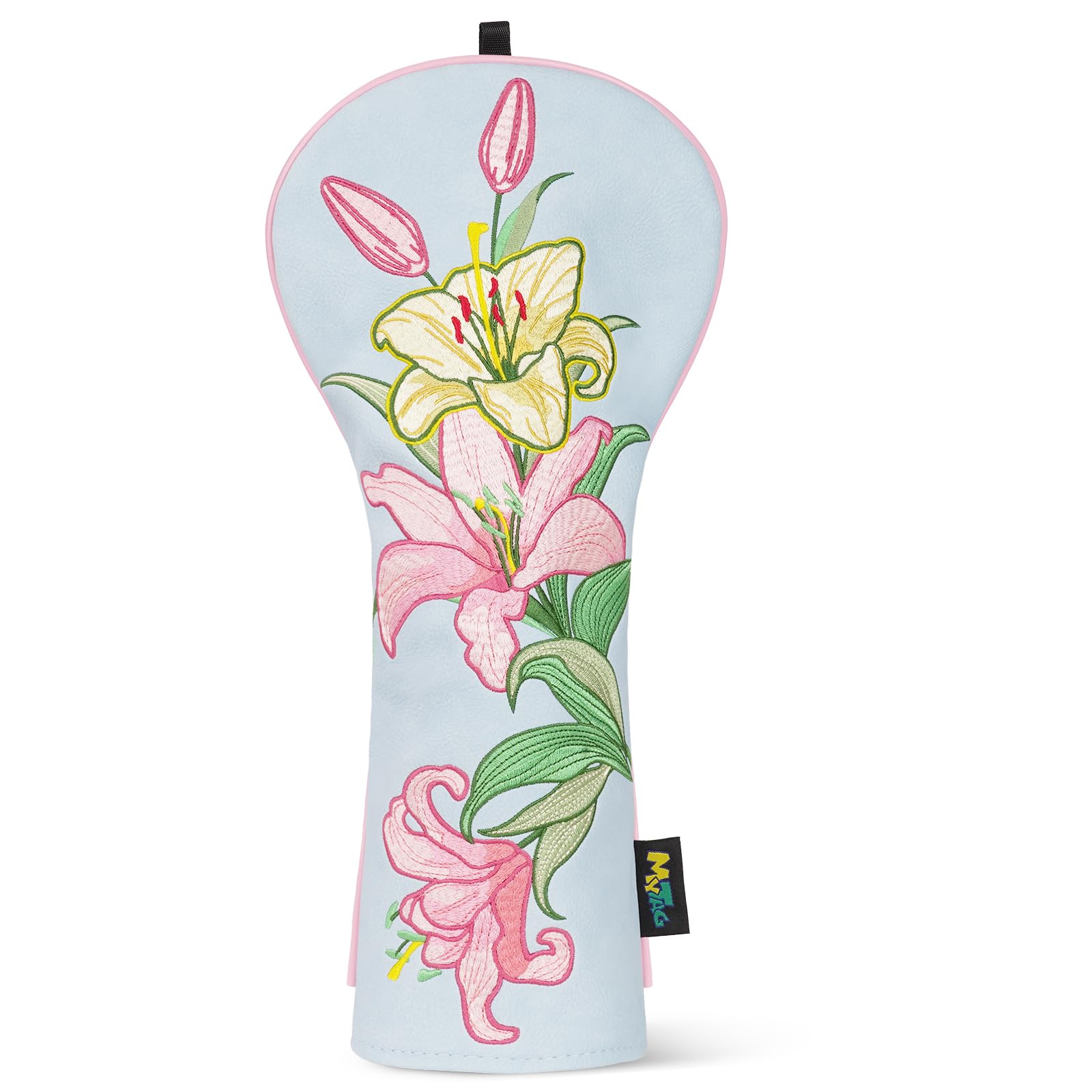 LZFAN Lily Golf Head Covers Heavy Embroidery, Cute Golf Club Head Cover for Girl Women, Premium Leather Durable & Wear-Resistant Headcover, Light Blue