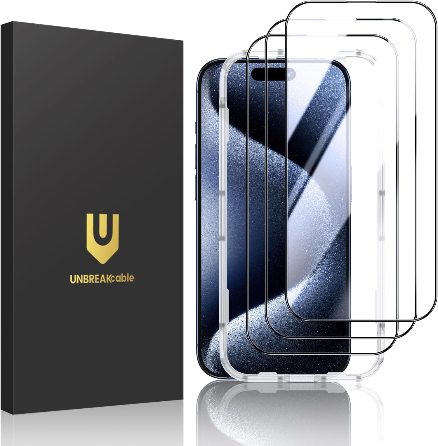 UNBREAKcableTempered Glass Screen Protector for iPhone 15 Pro Max [Pack of 3] [1:1 Full Coverage] [99.99% HD Clear] [Easy Installation Frame] [9H Hardness] for Apple 6.7 Inch