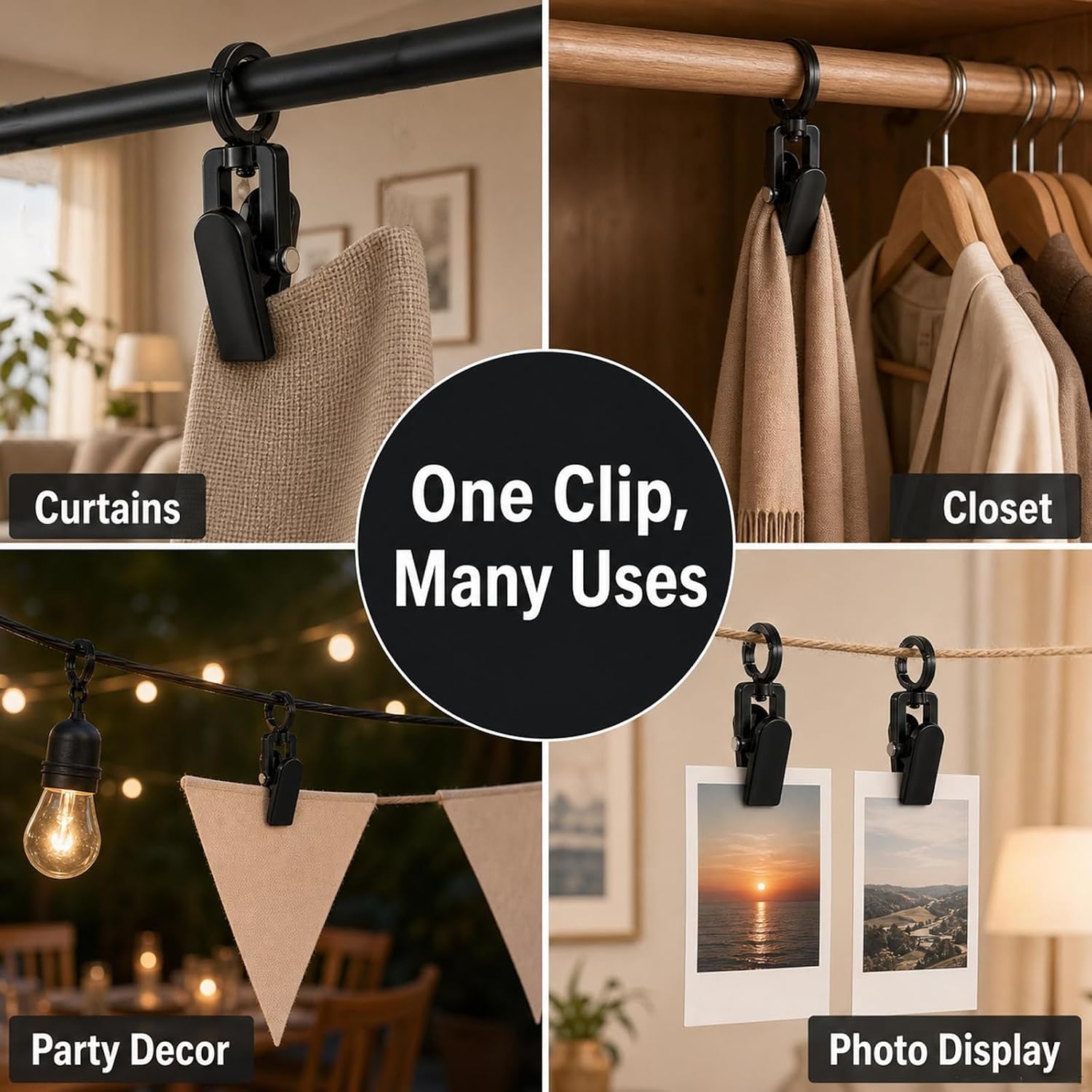 50 Pack Rustproof Stainless Steel Curtain Hooks with Clips, 360° Swivel Ring Hangers, Black RV Camper Trailer Awning Light Clips for Indoor Outdoor Decor, Photos & Banners