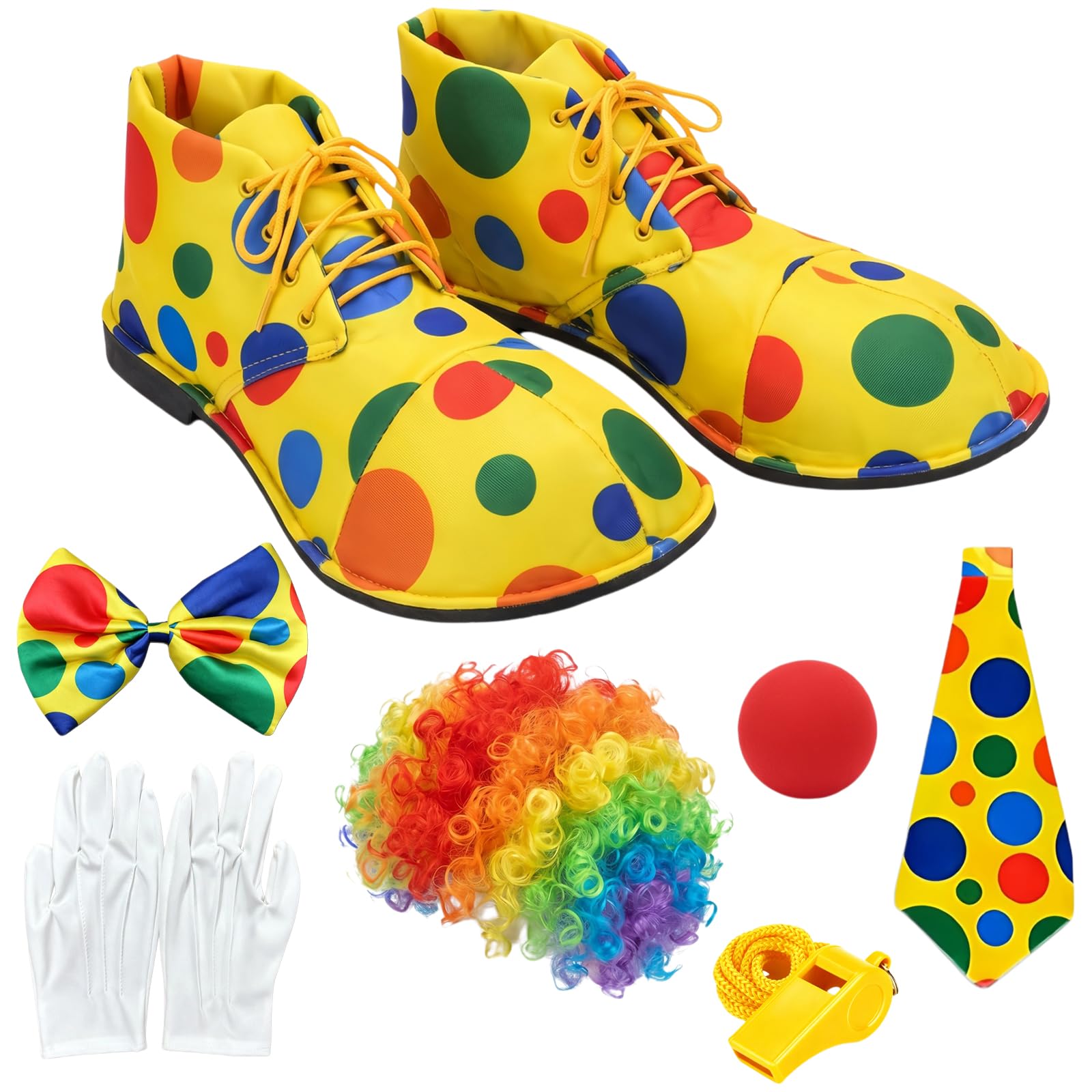 7PCS Clown Accessories, Clown Costume Set, Clown Shoes Wig, Red Nose, Polka dot Bow Tie, A Yellow Whistle, Bow Tie, White Gloves , Fancy Dress Outfit, For Circus Themed Parties, Halloween, Carnival