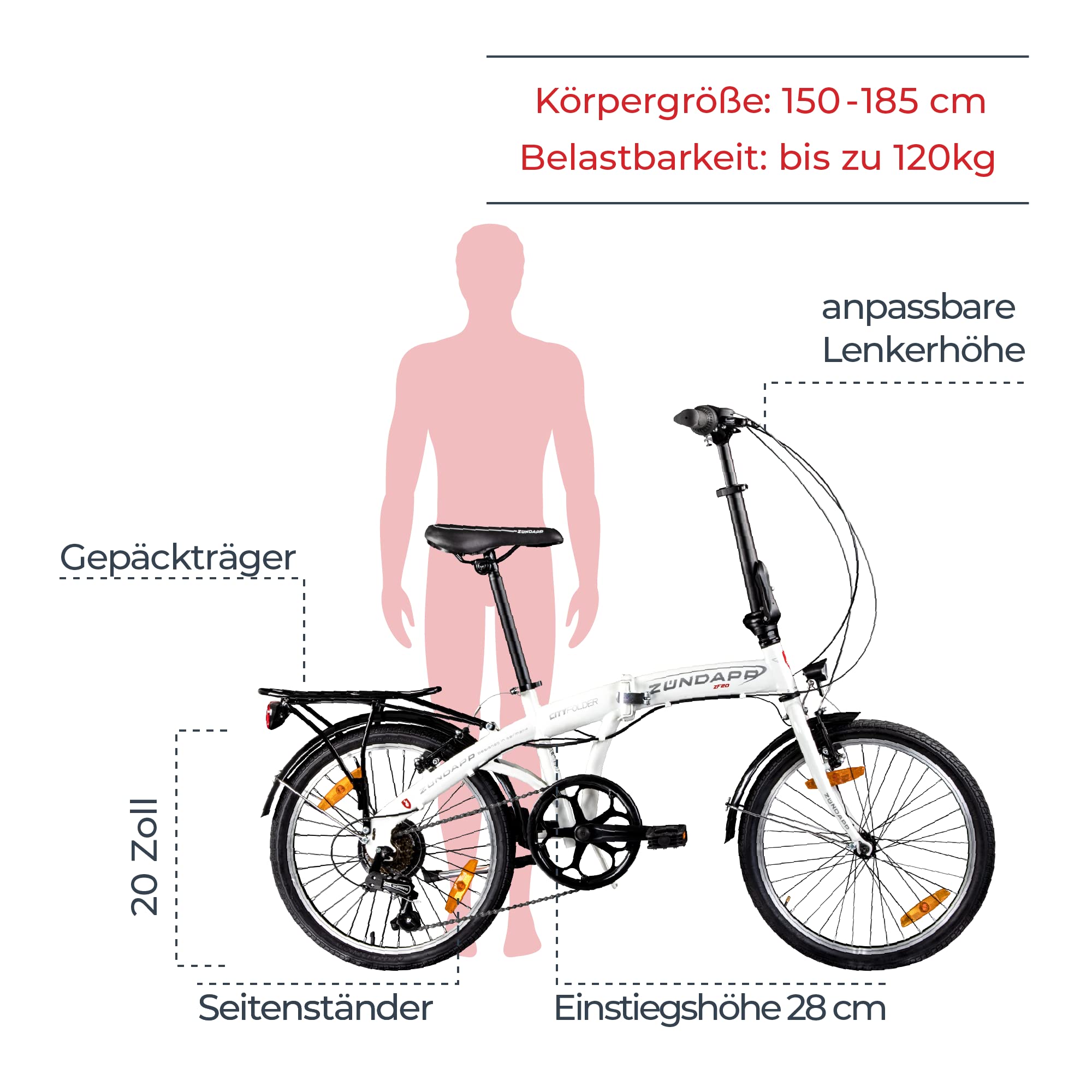 ZÜNDAPP Klappfahrrad 20 Zoll Faltrad ZF20 Speed Folder 20" Fahrrad Stadtrad mit StVZO Beleuchtung Klapprad mit Zubehör