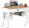 LDAILY Small Corner Desk, Triangle Makeup Vanity Desk for Small Space, Compact Writing Desk with Storage Shelves & Drawer, Space Saving Corner Computer Desk for Bedroom, Home Office