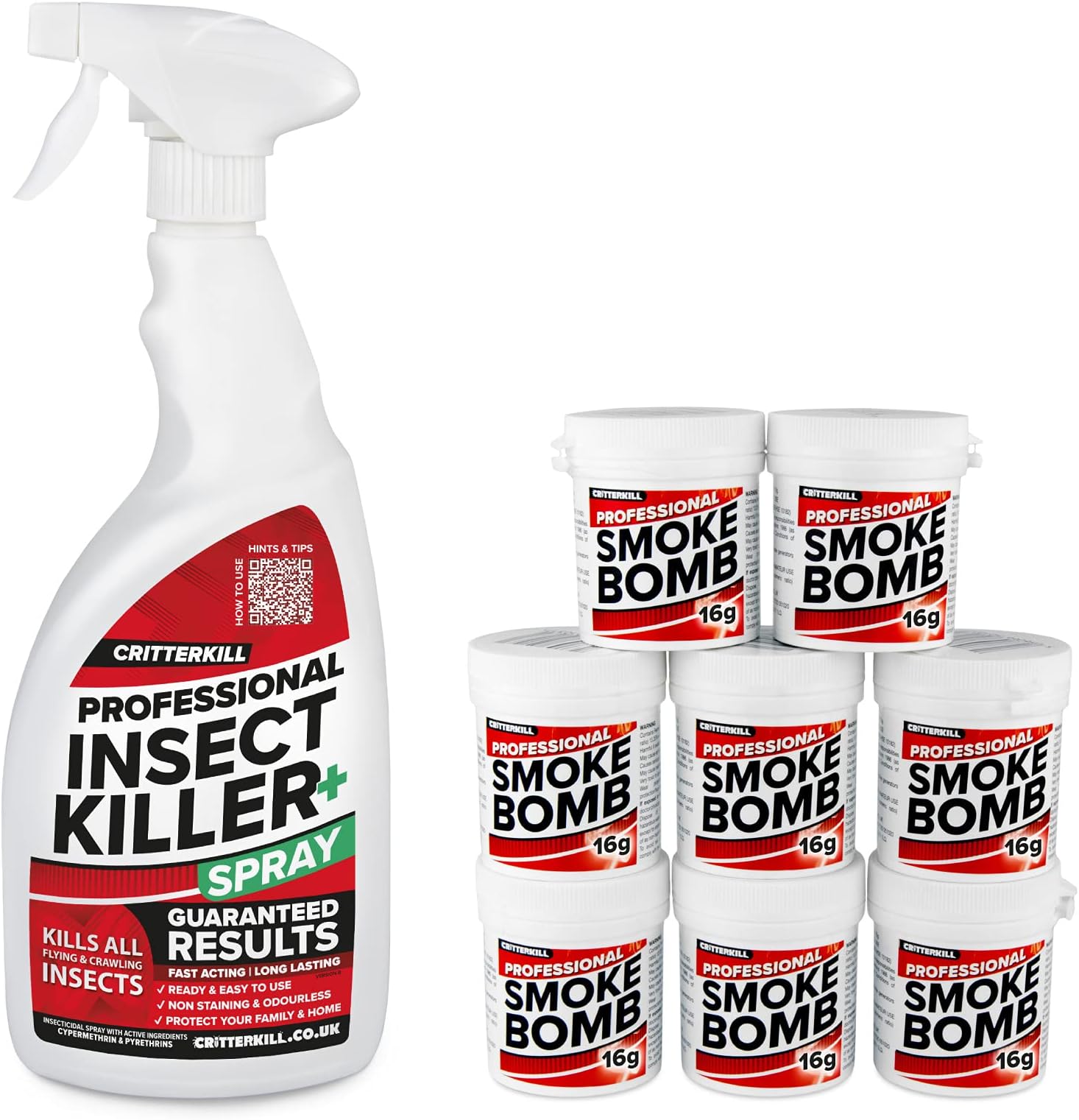1L CritterKill Professional Insect Killer Spray + 8 x 16g PRO Smoke Bomb Fogger | Kill All Insects