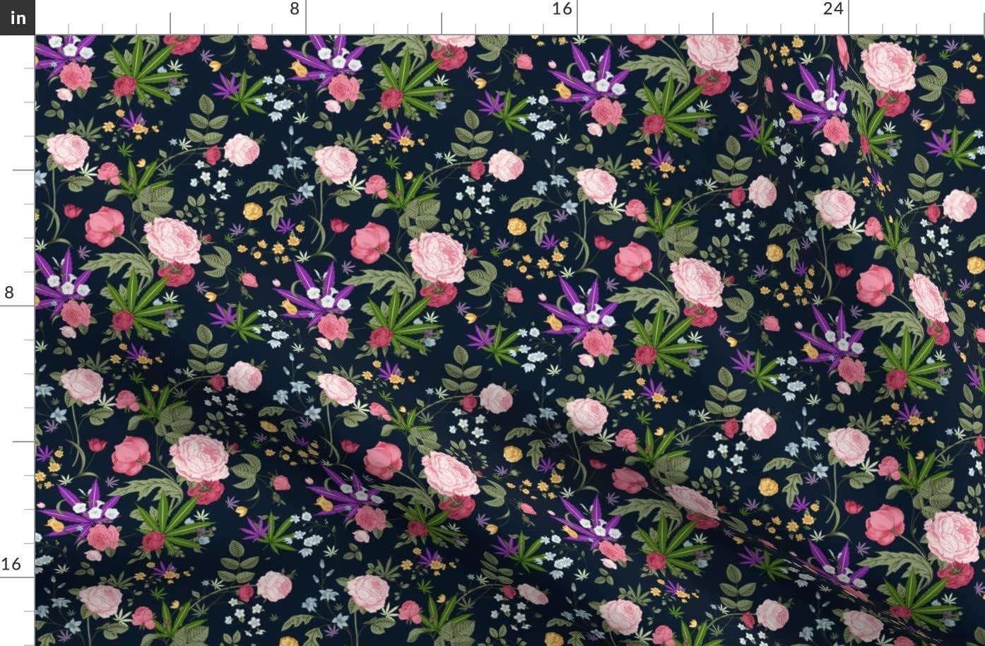 Spoonflower Fabric - Cannabis Rose Blue Vintage Flowers Floral Retro Peony Weed Printed on Organic Cotton Sateen Fabric by The Yard - Sewing Quilting Apparel Home Decor