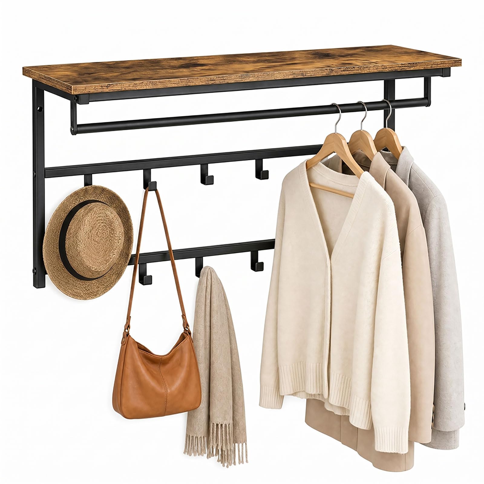 Levede Coat Rack Wall Mounted 10kg Wooden Shelf Hooks Hanger Metal,Brown | Wall Mounted Shelf, Hanging Rail And Coat Hooks, E1 Particle Board Metal Frame, Entryway Bedroom Storage, 3-In-1 Design