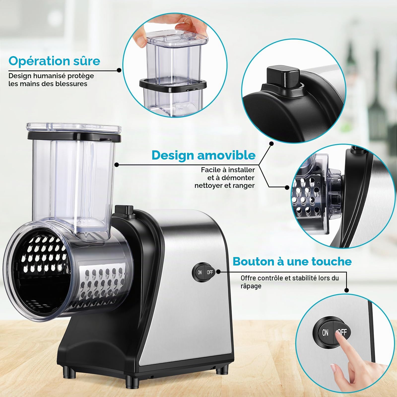 Mandoline électrique 250 W avec grande ouverture de remplissage, 5 tranches en acier inoxydable pour légumes et fromage