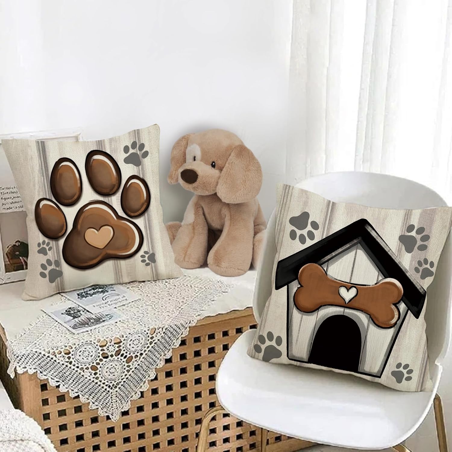 Dog Paw Print Home Decorative Throw Pillow Covers 18 x 18 Set of 4, Black Dog House I Woof You Porch Outdoor Home Decor, Bone Farmhouse Rustic Couch Cushion Case Pet Lover Gifts