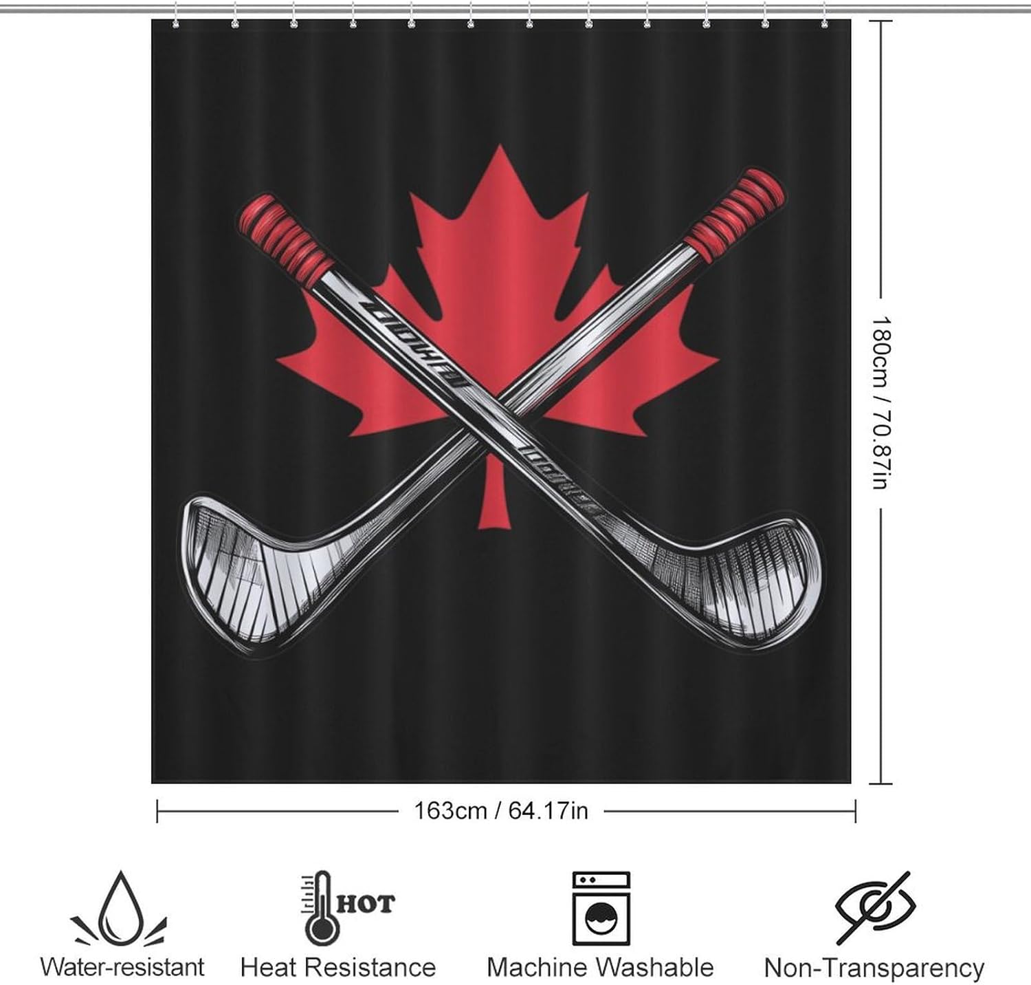 Canada Ice Hockey Maple Shower Curtain Washable Bath Curtain Bathroom Curtain with Hooks for Home Decor 66x72Inch（168x183cm）