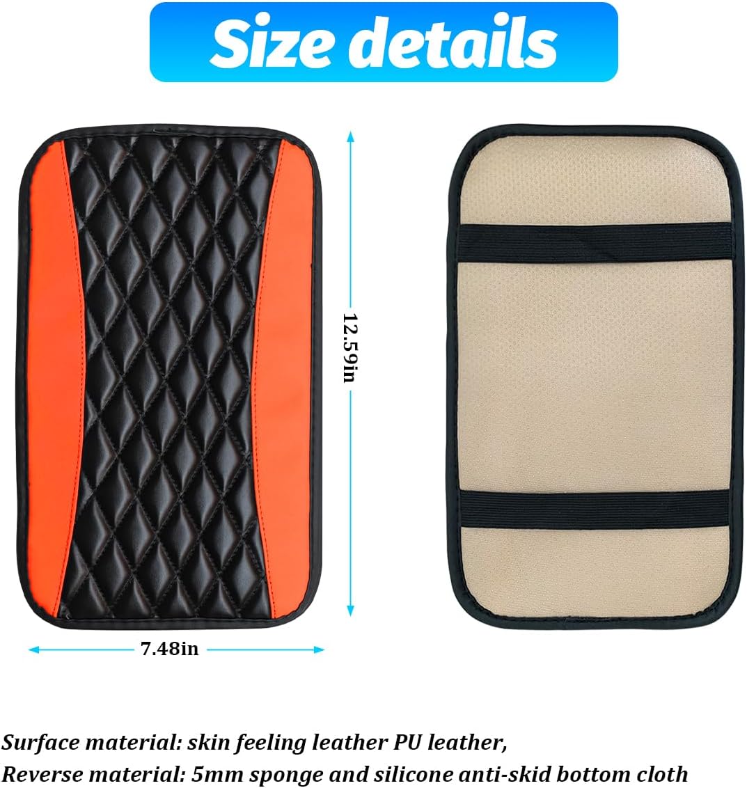 Car Center Console Cushion Pad, Leather Waterproof Automotive Seat Box Cover, Comfortable Vehicle Interior Armrest Protector Decor Accessories, Universal for SUV, Sedan, Truck (Orange)