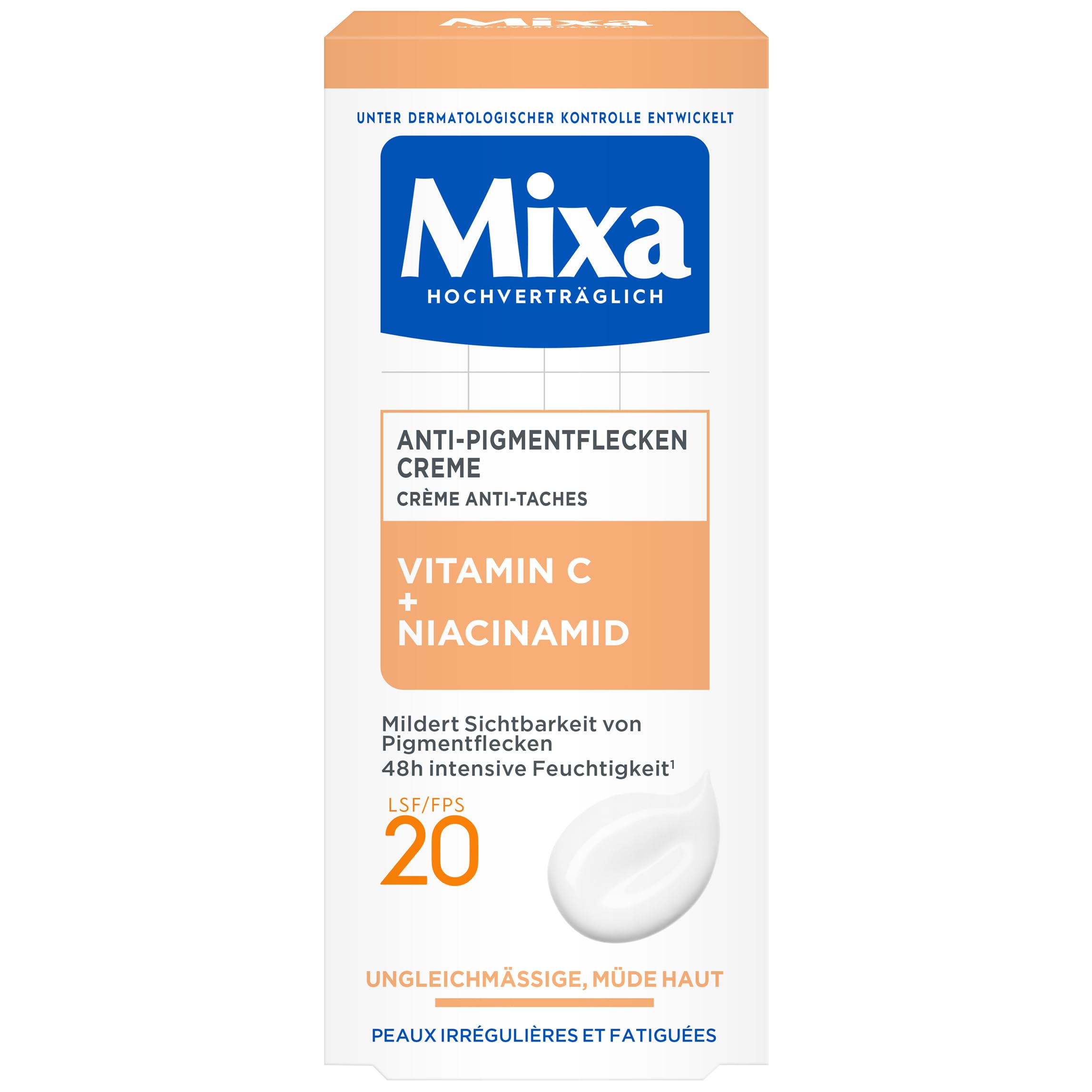 Mixa Crème anti-​taches pigmentaires pour peaux irrégulières, ternes et sensibles avec vitamine C et niacinamide, convient pour le visage et le cou, SPF 20, hypoallergénique, 50 ml