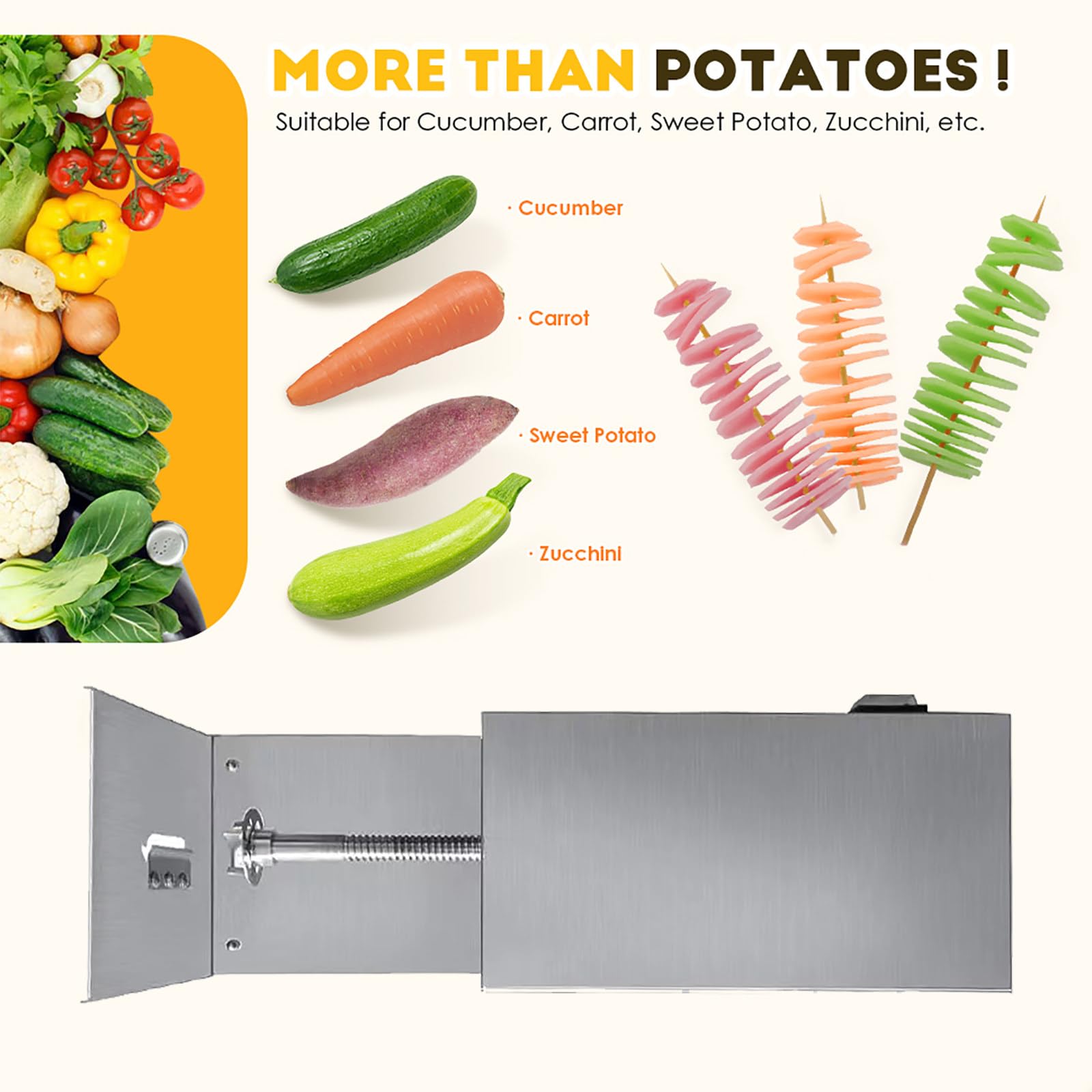 Espiralizador de Verduras de Acero Inoxidable de 50 W, Cortador Eléctrico en Espiral de Patatas, Base Antideslizante, Cortador de Patatas Retorcidas para el Hogar y Comercial