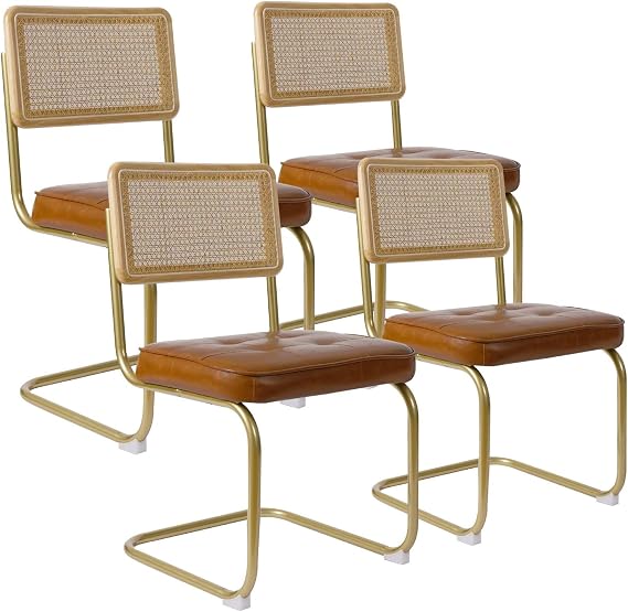 Natural Rattan Dining Chairs Set of 4, Mid Century Modern Dining Chairs Design Inspired, Ergonomic Back Design with Fleece Cushion Seat for Dining Room, Living Room, Kitchen, Brown