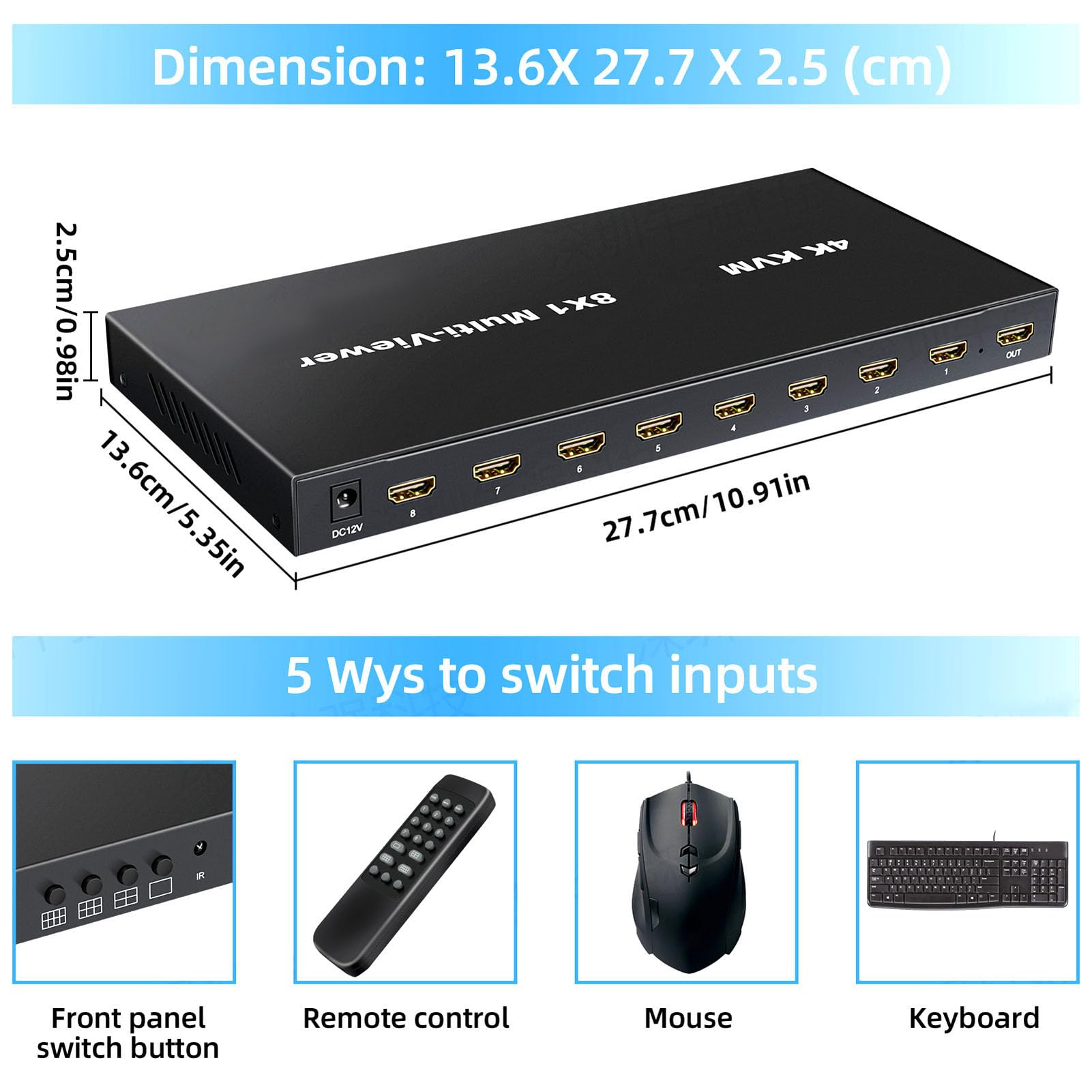 Splitter HDMI, Commutatore HDMI 8 in 1 Uscita con Telecomando, Splitter Interfaccia Multimediale HD 4K 30Hz, Commutazione KVM Continua (Spina europea)
