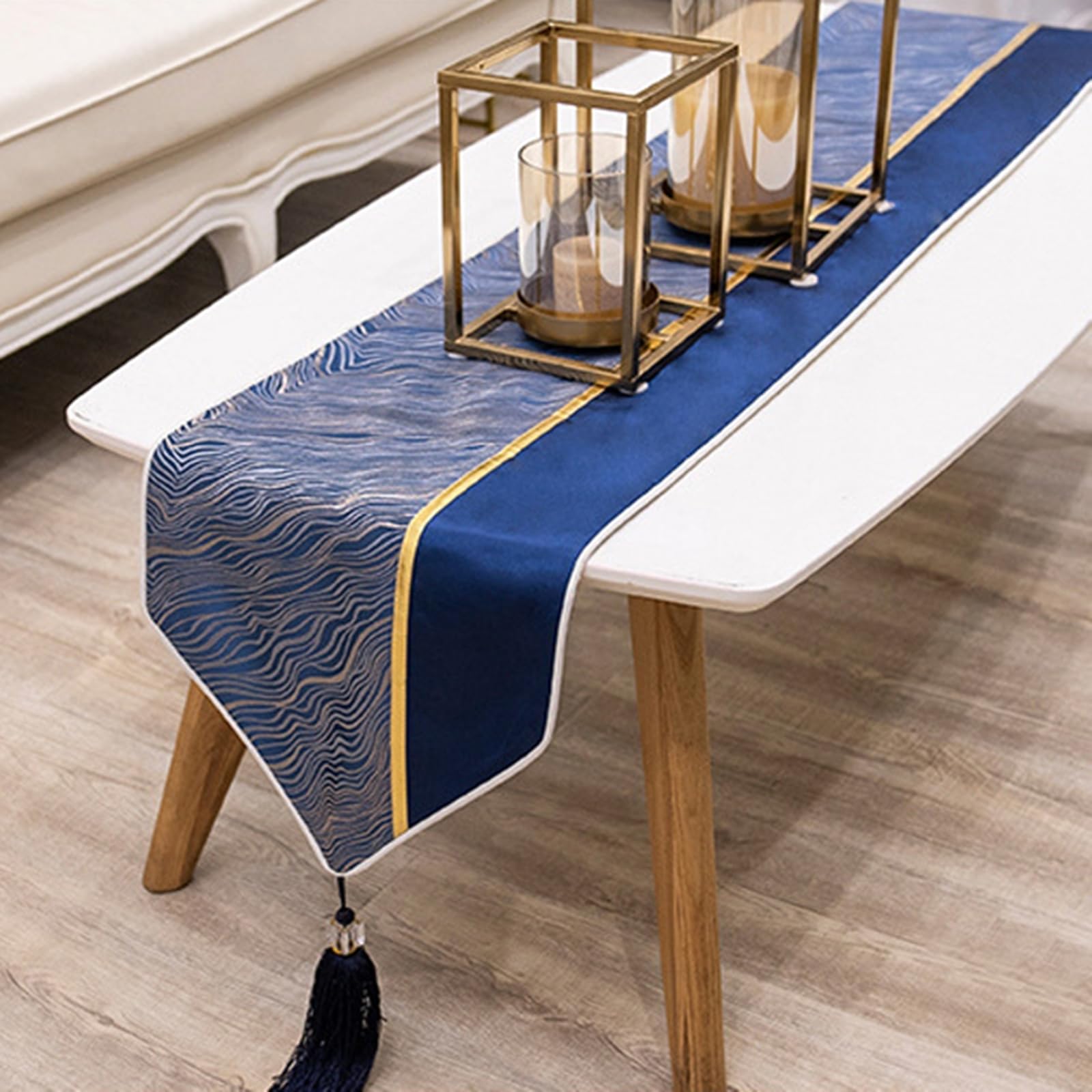 Tischläufer Polyester Wohnzimmer, Tischläufer Landhausstil 33x200 cm, Wellenmuster mit Quasten