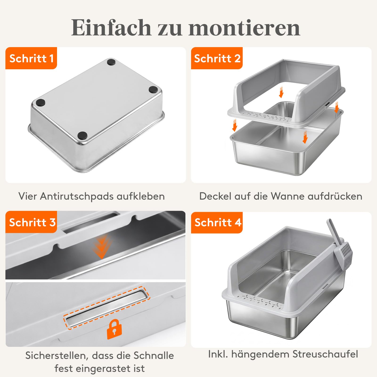 Lifewit Große Katzenklo Edelstahl mit Schaufel, Offene Katzentoilette mit hohem Rand für Mittelgroße und Große Katzen, Geruchsarm Katzen Klo, Cat Litter Box, leicht zu reinigen, 58x37x26cm, Grau
