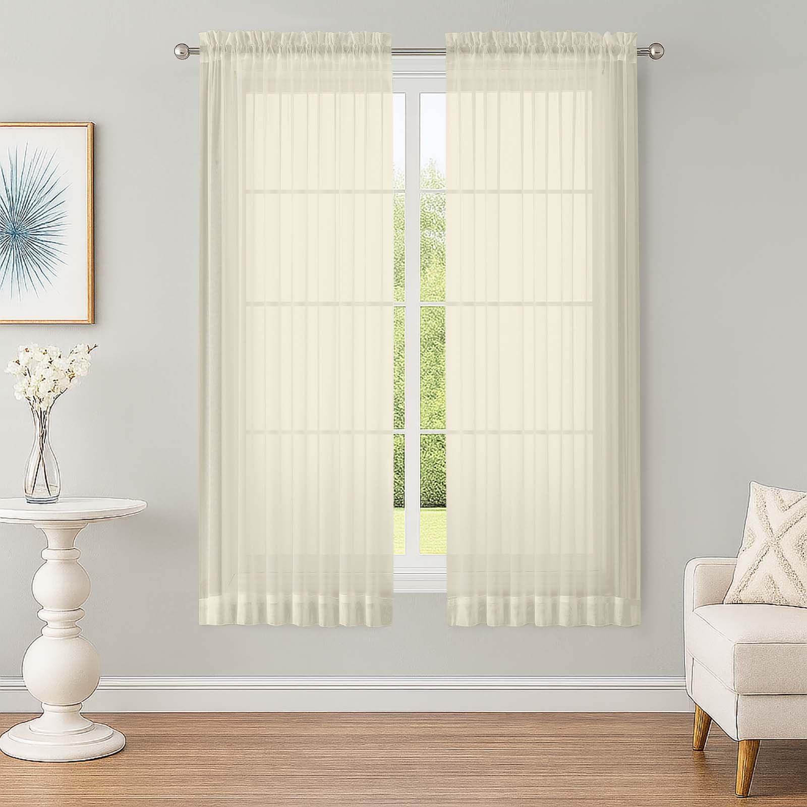 OWENIE Cream Sheer Curtains 63 inch Length 2 Panels Set, Rod Pocket Voile Fimly Sheer Drapes for Living Room/Bedroom, 2pcs, Each 52" W x 63" L
