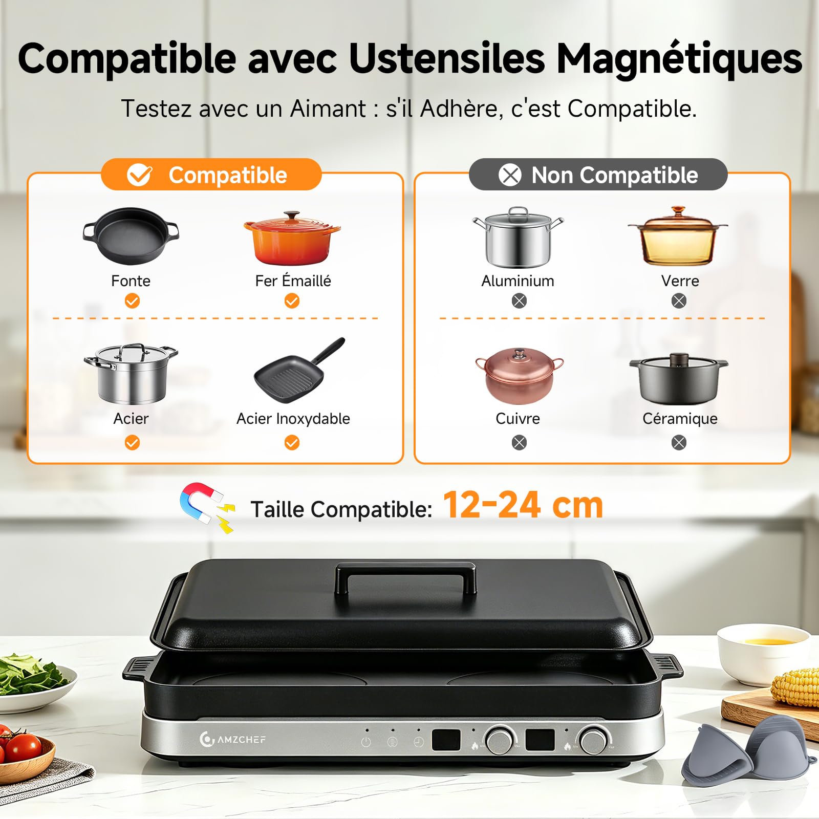 AMZCHEF 3000W Plaque à Induction 2 Feux, Plaque Induction Double Portable avec Plaque de Gril Amovible, 9 Niveaux de Puissance/Température, pour BBQ d'intérieur et Camping-car, Gris Fer