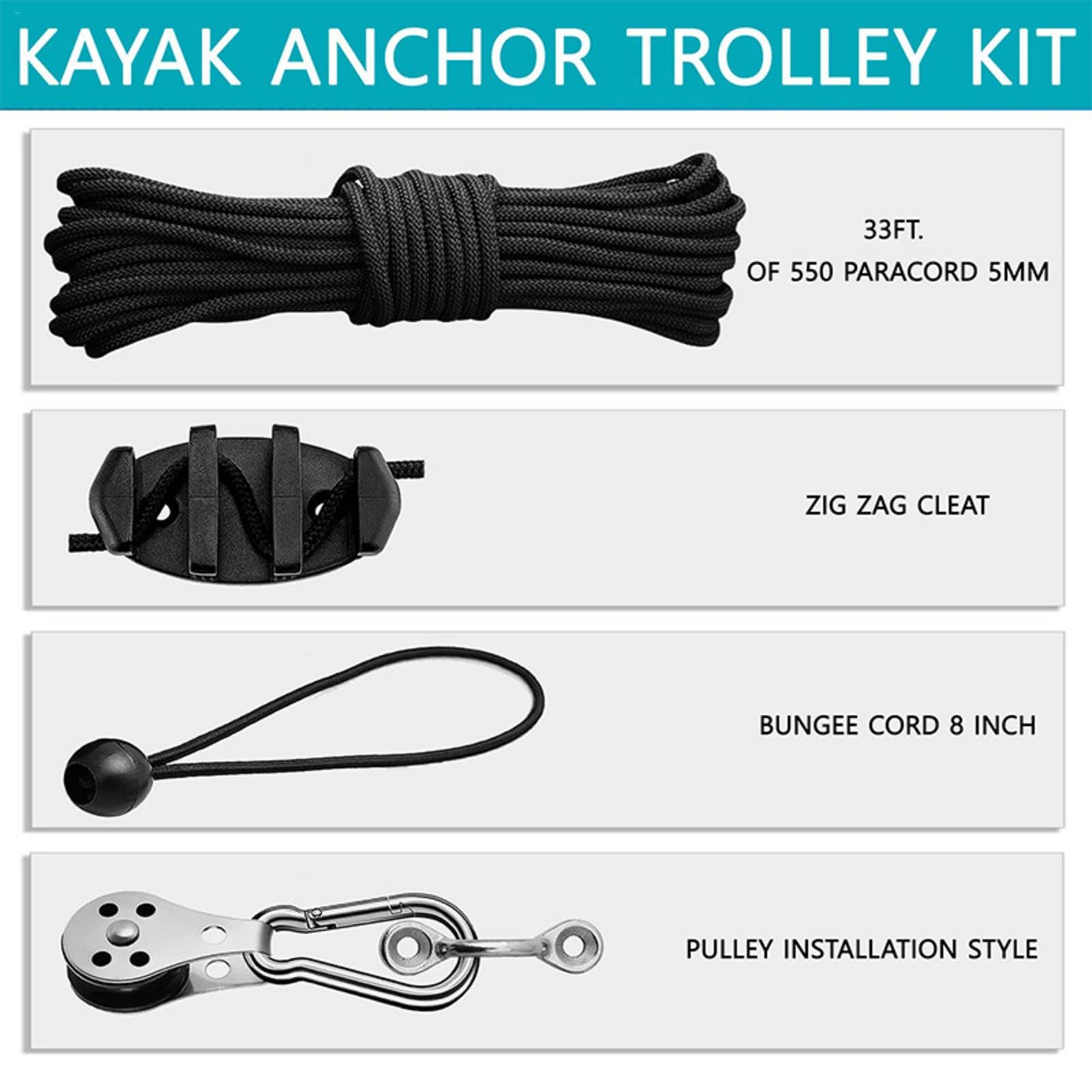 Kayak Anchors Trolley Kit, Anchors System for Kayaks, Canoes, & Boats, Stainless Steel Hardware, Paracord, 9 Meters Lines, Ideal for Kayak Fishing & Outdoor Water Activities