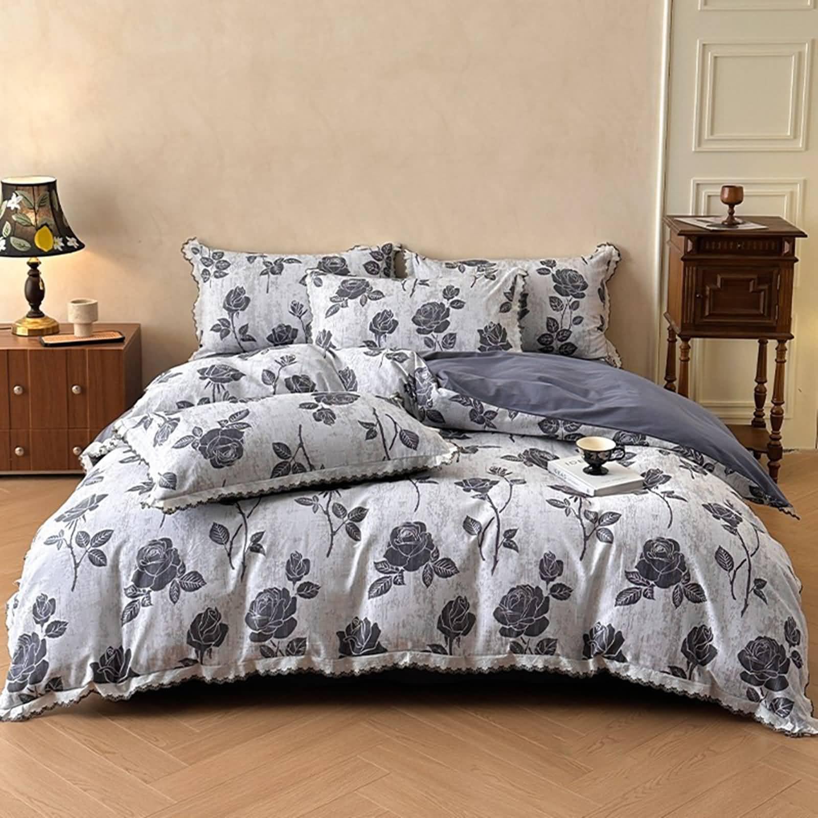 Gualiy 3-częściowy zestaw pościeli King Size, bawełna kwiat i liść z koronkową falbanką poszewka na kołdrę 200 x 230 cm z zapięciem na zamek błyskawiczny i 2 poszewki na poduszki, 1 prześcieradło z
