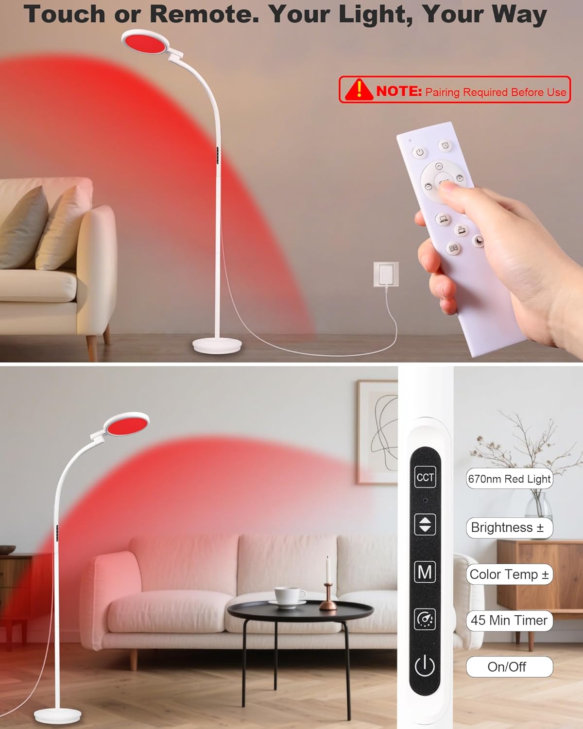Aoife 670nm Red Light Floor Lamp for Sleep, Adjustable Red Night Light Therapy Bedside Lamp with Remote, Touch Control, 6 Scene Modes & 10 Brightness Levels, Remote Control Needs Pairing