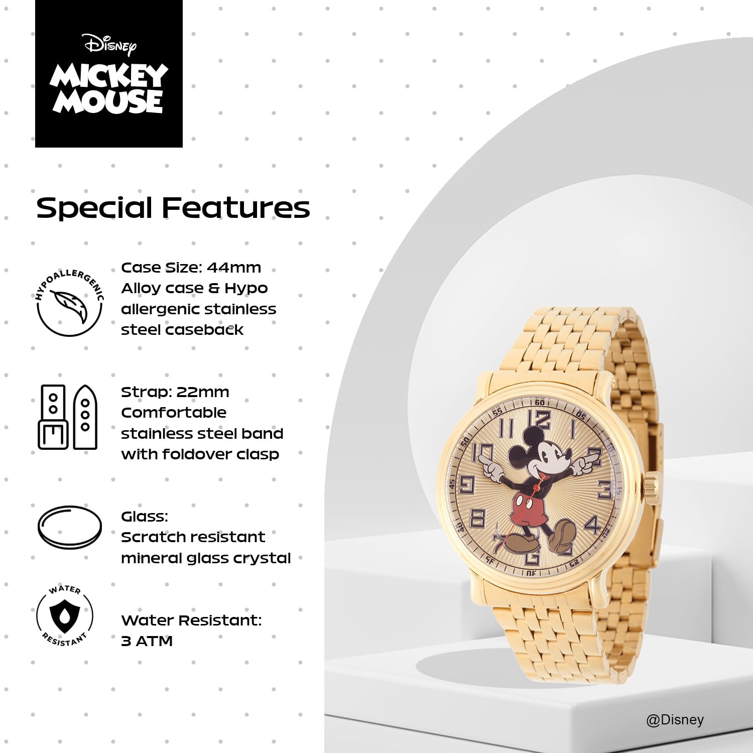 Disney Mickey Mouse W002413 Mickey Mouse Reloj analógico de Cuarzo Dorado, para Hombre, Dorado, Pulsera