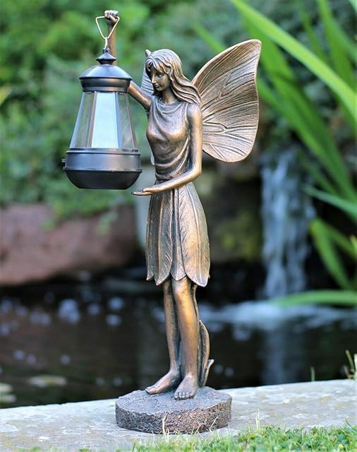 Solar Powered Fairy Garden Resin Ornament Angel Cherub with LED Light, Hand Painted Figurine Statue for Pond Porch Patio Yard Porch Decorations Bronze effect - 38cm