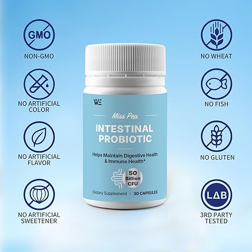 Miniatura 5 de Miss Pep Probióticos 50 mil millones de UFC  8 cepas + prebióticos  Salud inmune, digestiva e intestinal  Apoya el estreñimiento ocasional, diarrea,