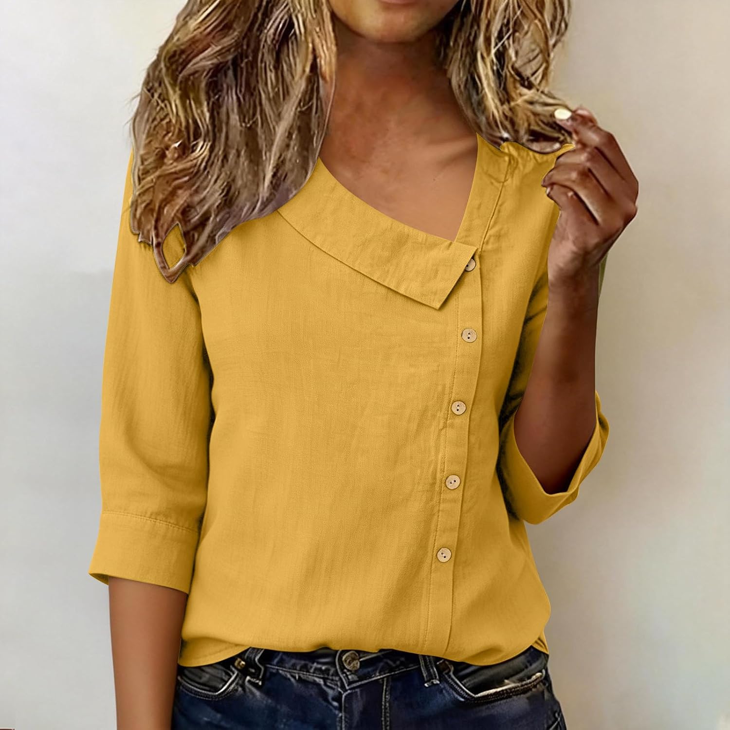 Women Cotton Linen Button Down Shirts 3/4 Sleeve Asymmetrical Neck Blouse Business Casual Tops Summer Loose Tunic