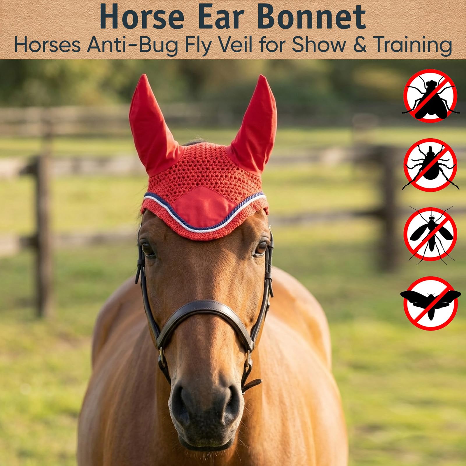 Spire Voile de protection pour cheval en coton respirant doux au crochet pour les oreilles (complet, rouge/noir-blanc)