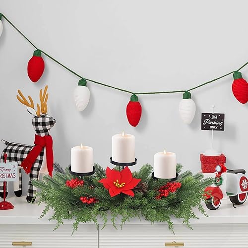 Miniatura 6 de Portavelas de Navidad para decoración de centro de mesa, arreglos de Navidad con 3 portavelas, piñas de bayas rojas, decoración de mesa de comedor
