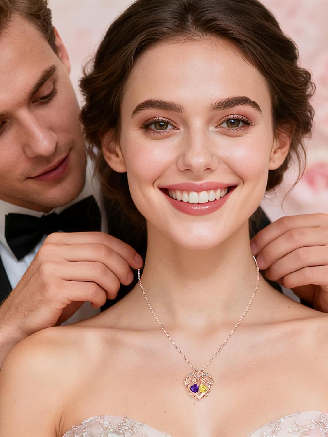 Rose Gold Necklaces for Women Double Birthstone Rose Flower Heart Pendant Necklace Jewelry Anniversary Christmas Valentine's Mother's Day Birthday Gift for Wife Mom Her Girlfriend Sister - Image 5