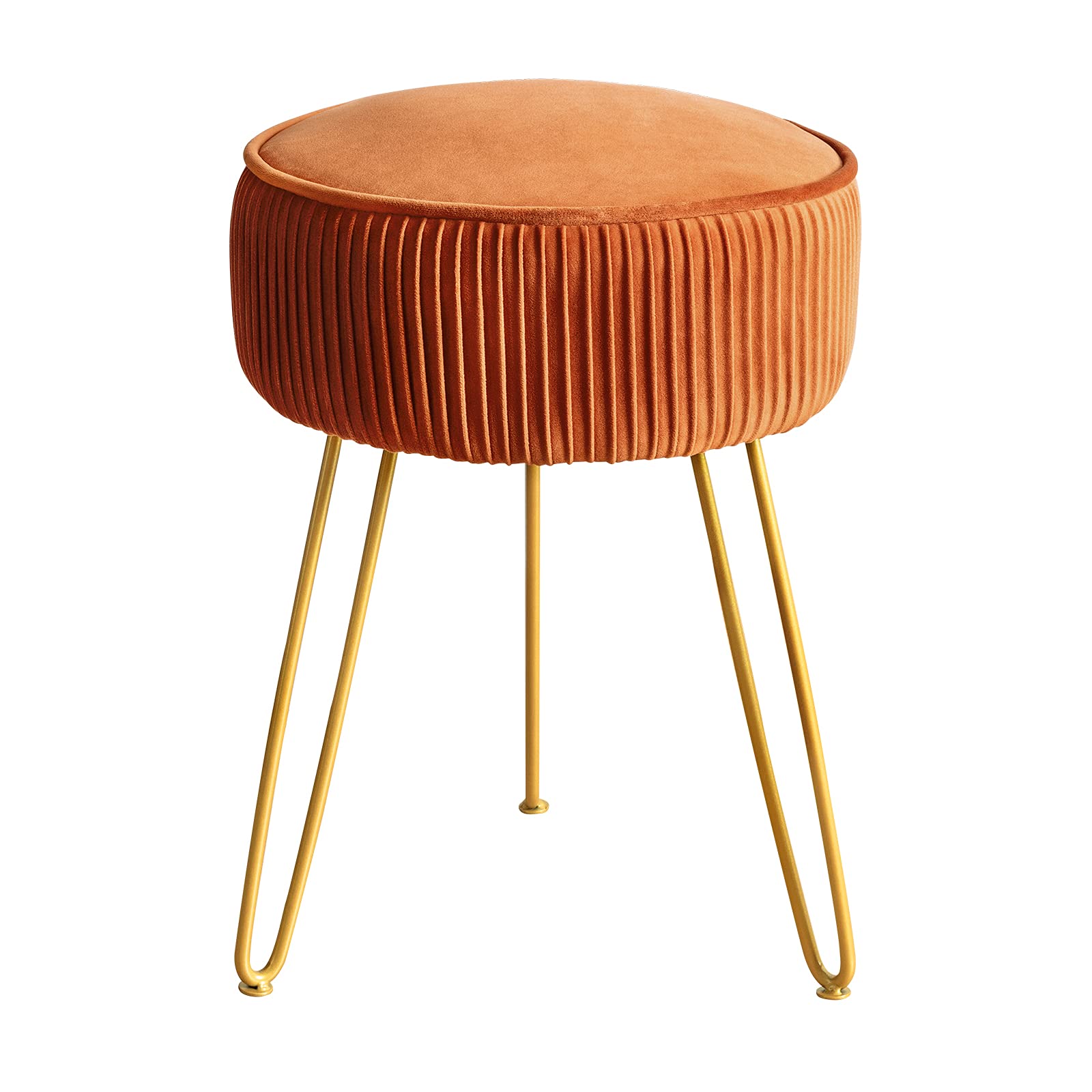Mid Century Modern Velvet Upholstered Pleated Round Footrest Stool Ottoman with Metal Legs, Home Multifunctional Luxury Ottoman Suitable for Living Room and Bedroom