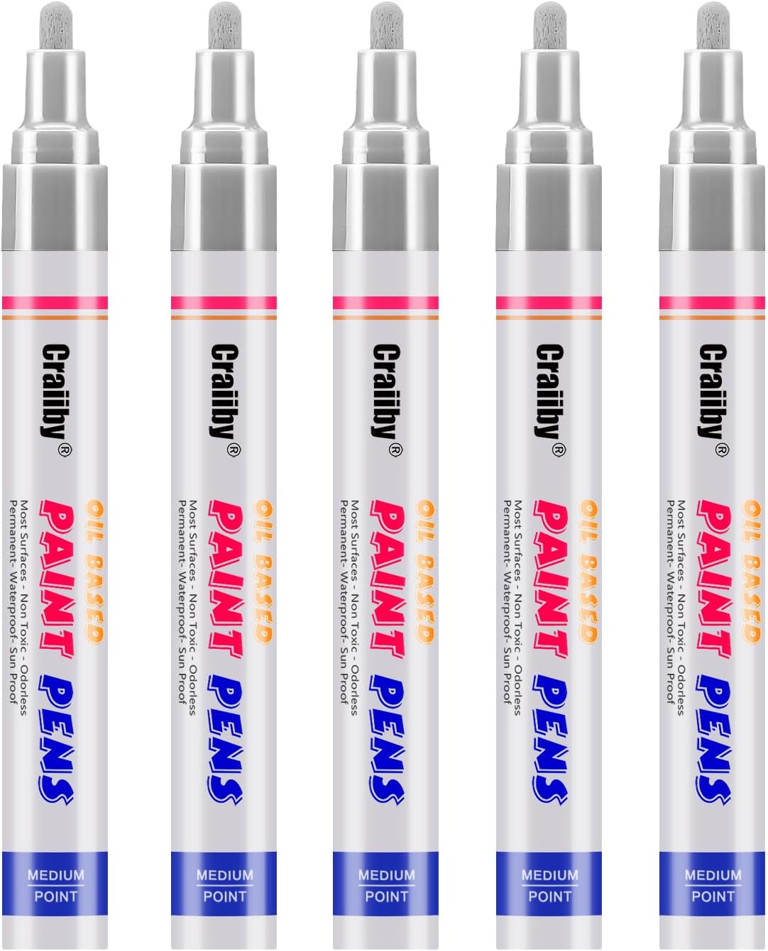 Craiiby Silver Paint Markers, 5 Pack Oil-Based Waterproof Quick Dry Permanent Paint Pen Set for Rocks Painting, Wood, Fabric, Plastic, Canvas, Glass, Mugs, Metal, Tire, Stone, DIY Craft, Grey, Gray