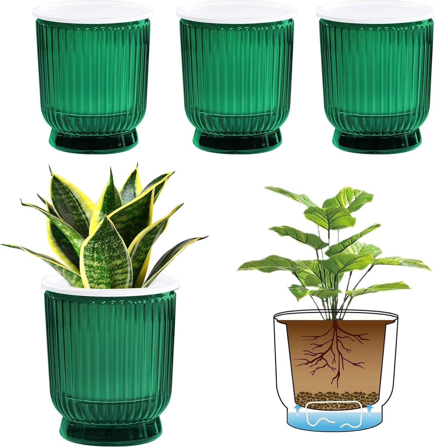 T4U Self Watering Pots for Indoor Plants 4.5 Inch 4 Pack Planter Green