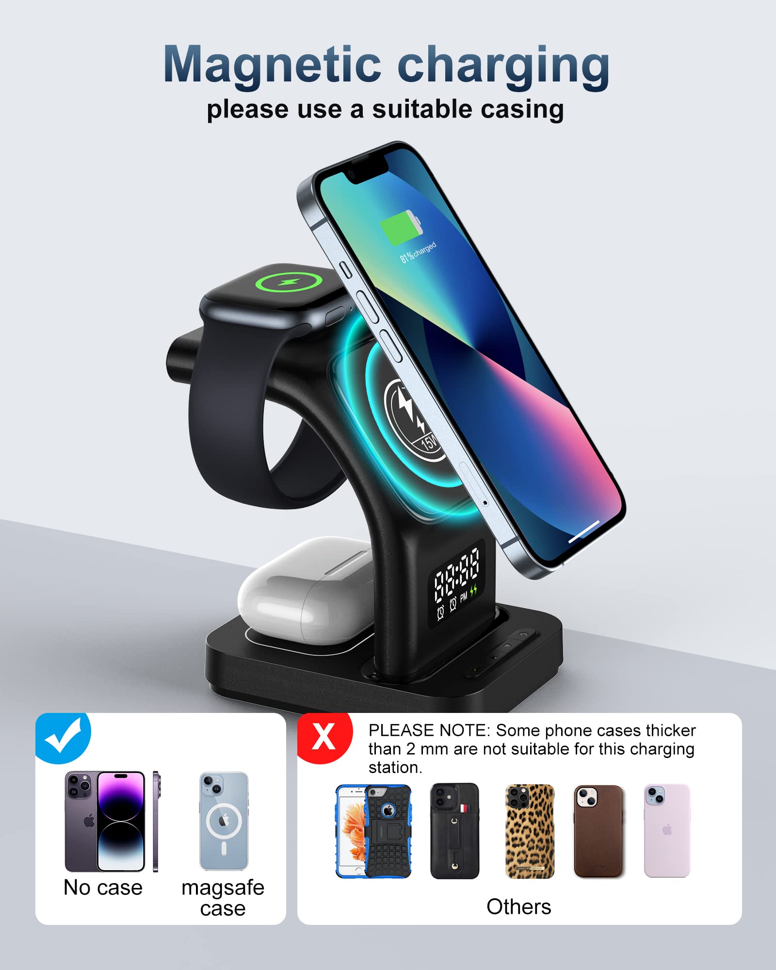 Gerpeng Wireless Charger - 5 in 1 Wireless Charging Station 15W Fast Charger Stand with Clock|Night Light for iPhone 12 Above[Magnetic Series],for Apple iWatch/AirPods[with Wireless Charge Function]