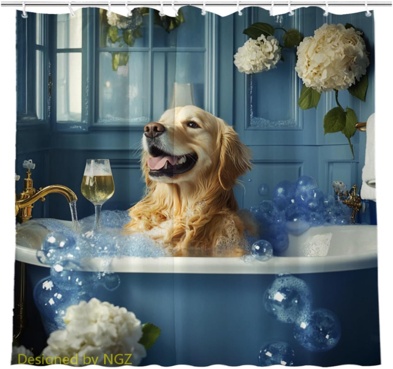 NGZ Funny Golden Retriever Shower Curtain, SPA with Wine, Blue Shower Curtain, 72x72 Inches Shower Curtains for Bathroom, Bath Curtains Set with 12 Hooks