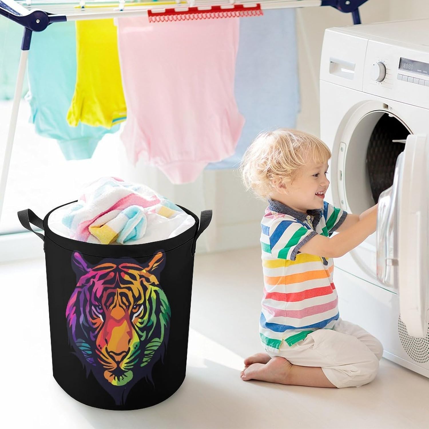 Rainbow Tiger Head Laundry Basket Dirty Clothes Hamper Storage Laundry Bag with Handles for Dorm Room 44x35cm