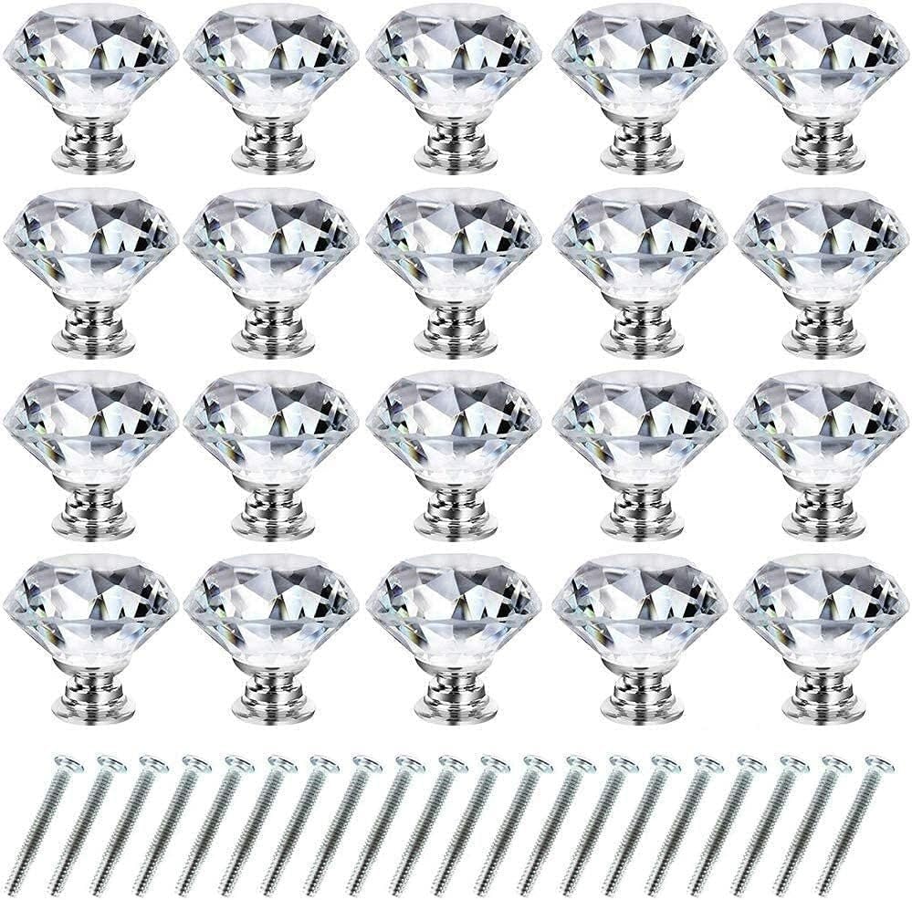 Boutons de porte en cristal brillant de 30 mm avec socle en alliage de zinc pour commode
