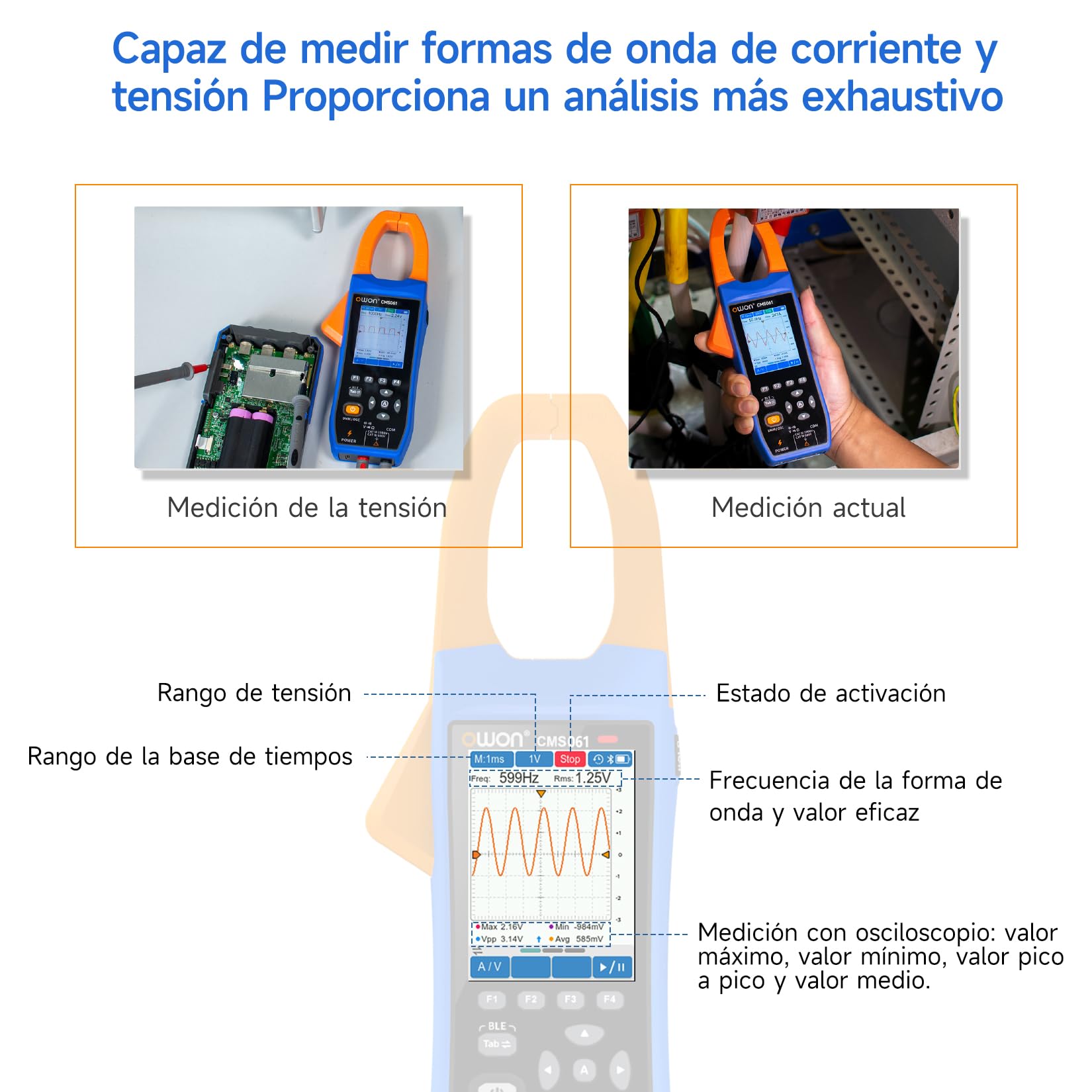 OWON CMS061 - Pinza eléctrica AC/DC 600A, función de escritor, osciloscopio 3 en 1, 20000 Count True RMS Auto-ranging, alarma, NCV, pinza de alimentación Bluetooth
