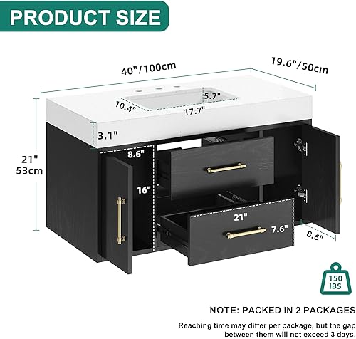 Miniatura 2 de DWVO Tocador de baño flotante negro de 40 pulgadas, tocador de baño montado en la pared con encimera de piedra de cuarzo blanco y lavabo