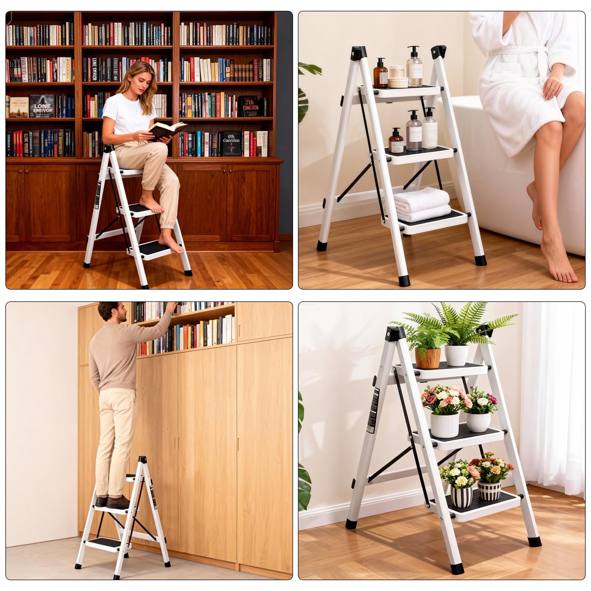 Escalera Plegable 3 peldaños con Pedal Antideslizante | Escaleras Plegables Domésticas | Step Ladder para Hogar | Escalera Plegable Multifuncional
