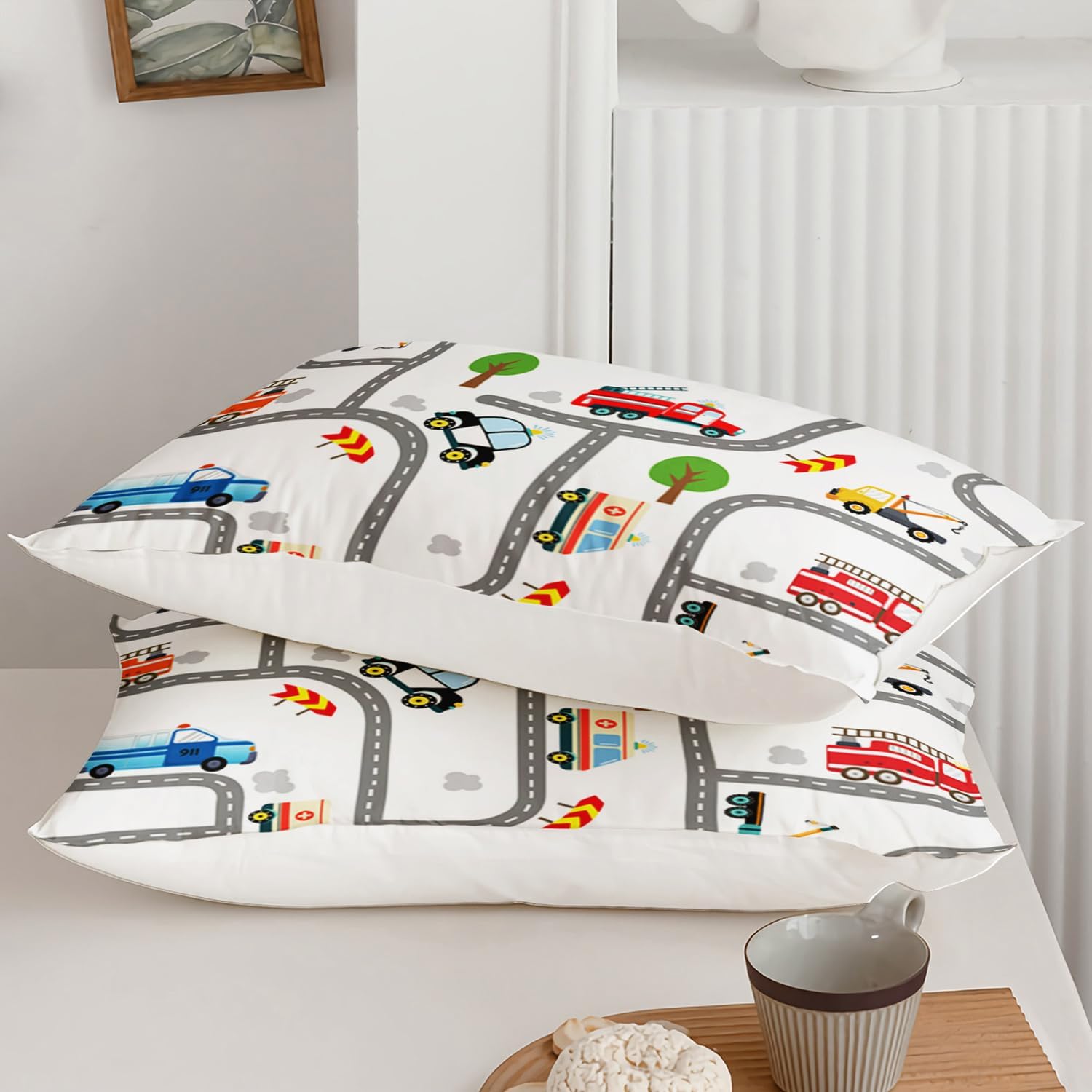 AILONEN Cartoon Car Duvet Cover Set Queen Size,Construction Truck Kids Bedding Set for Boys,Fire Truck Police Car Road Print Comforter Cover Set 3 Pieces, 1 Quilt Cover and 2 Pillowcases(No Comforter)
