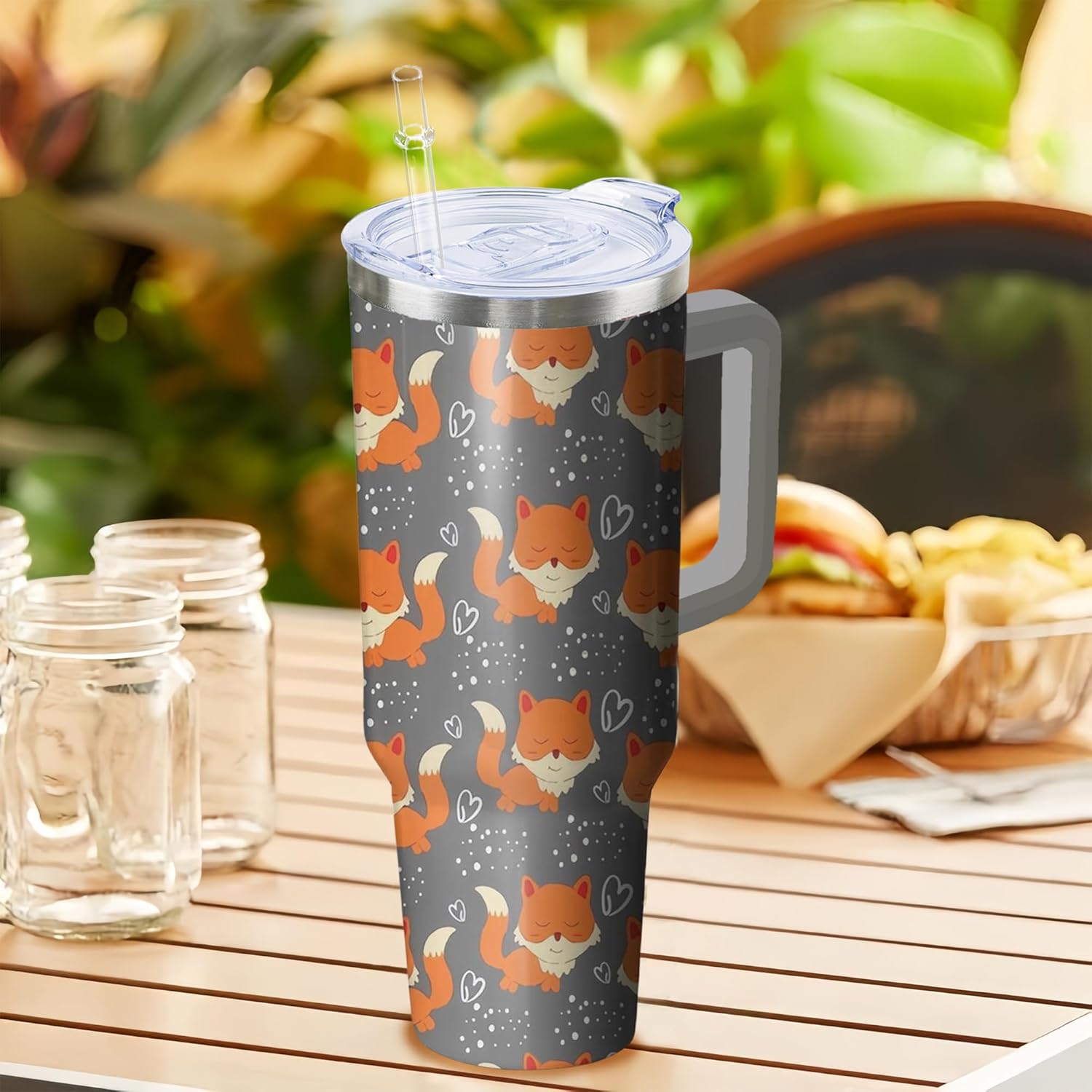 40 oz Fox Tumbler with Handle and Straw, Insulated Stainless Steel Cup with Lid, Travel Coffee Mug Water Bottle, Animal Lovers Women Gifts - Image 4