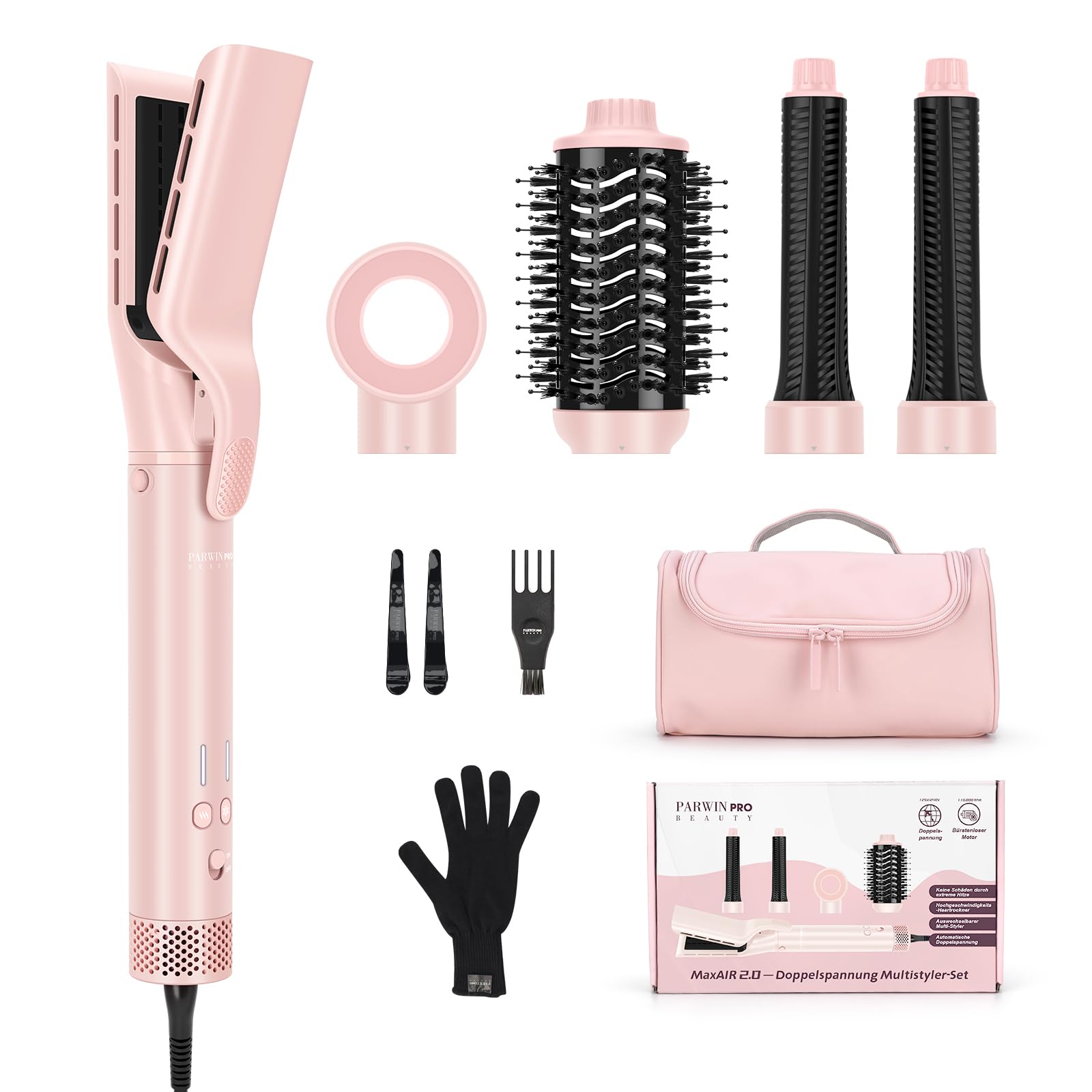 PARWIN PRO BEAUTY MaxAIR 2.0 Airstyler 5 en 1 Multi-Styler, secador iónico 110.000 rpm, alisador por aire, rizadores Auto-Wrap, doble voltaje, rosa