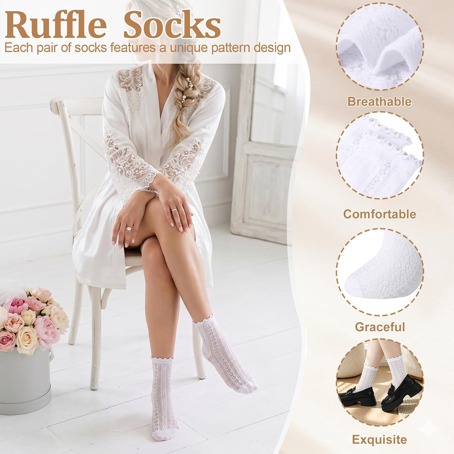 9 Pairs Women's Ruffle Sheer Socks, Cute See Through Frilly Crew Socks, Ultra-thin Floral Elegant Breathable Cotton Casual Ankle Socks for Women Girls Size 6-9