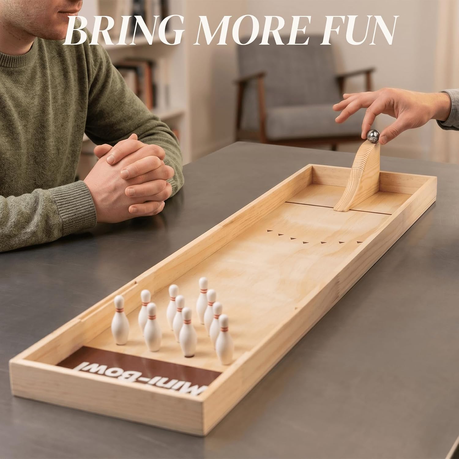 Extguds Wooden Mini Bowling Game Set 2-in-1 with Tabletop Bowling& Curling – Includes Reset Aid Board Tool & Anti-Splash Guard – Handcrafted Wooden Desktop Game for Family Office Party Fun